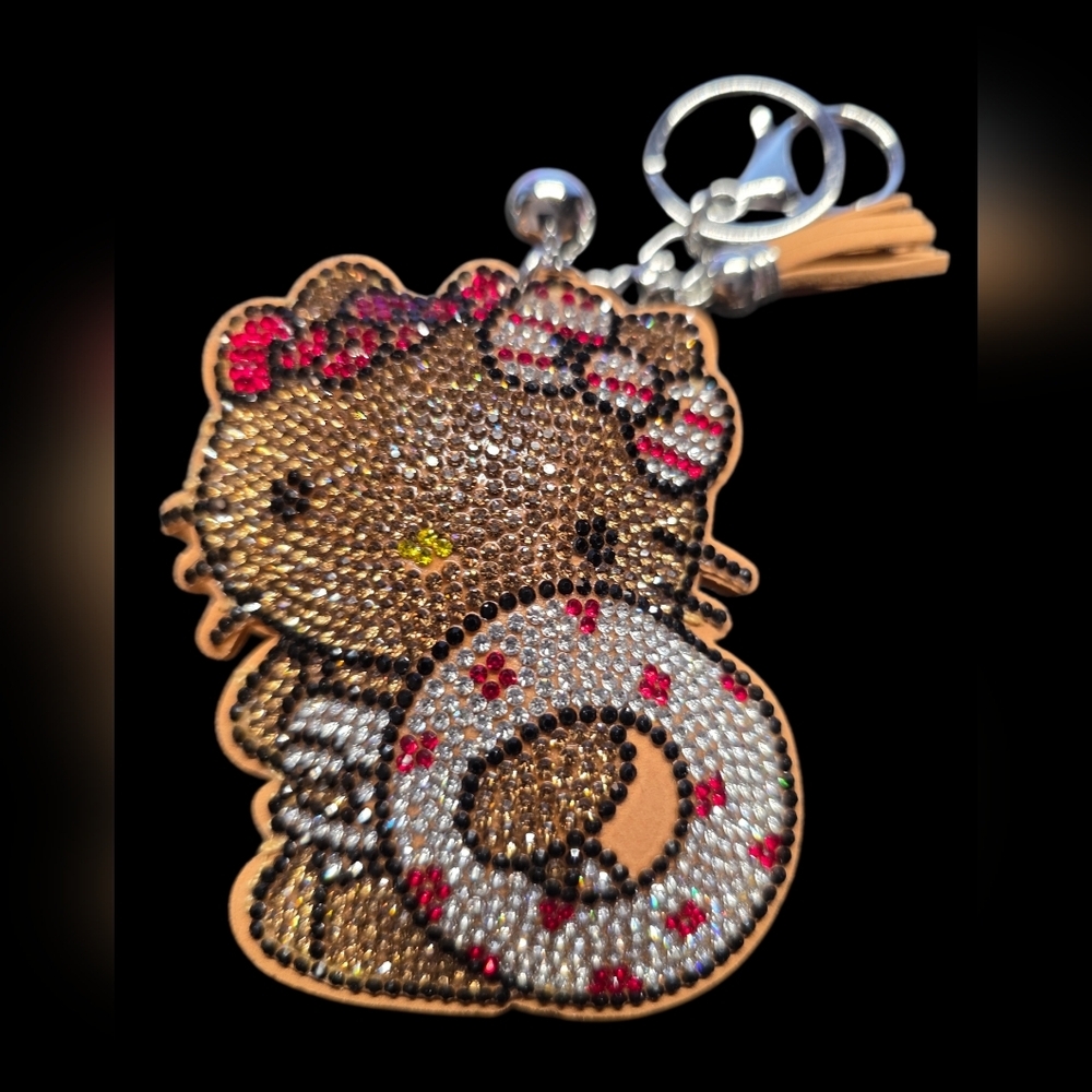 Hello Kitty Sparkling Rhinestone Keychain - Brown, Red, and Silver